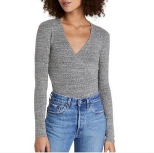 Madewell Wrap Bodysuit, XL Marled Soft Heathered Grey, Long Sleeve Top